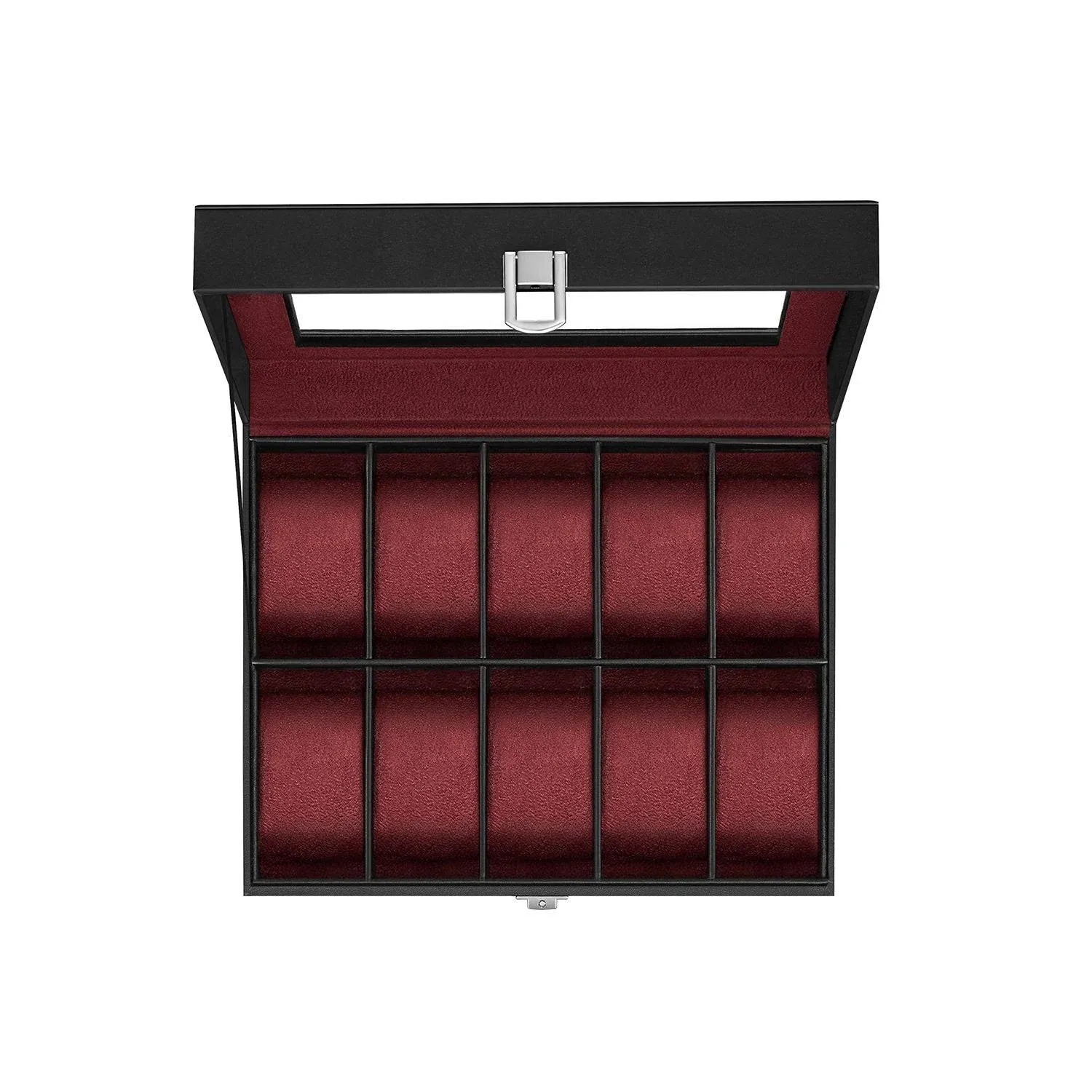 SONGMICS Watch Box, 10-Slot Watch Case with Large Glass Lid, Removable Watch Pillows, Watch Box Organizer, Gift for Loved Ones, Black Synthetic Leather, Wine Red Lining UJWB010R01