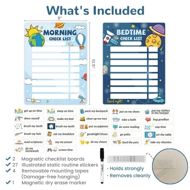 JJPRO Bedtime/Morning Routine Chart for Kids,Magnetic Routine Chart for Kids,Bedtime Chart for Kids, Morning Checklist Toddlers, Daily Schedule Board for Home-Outer Space