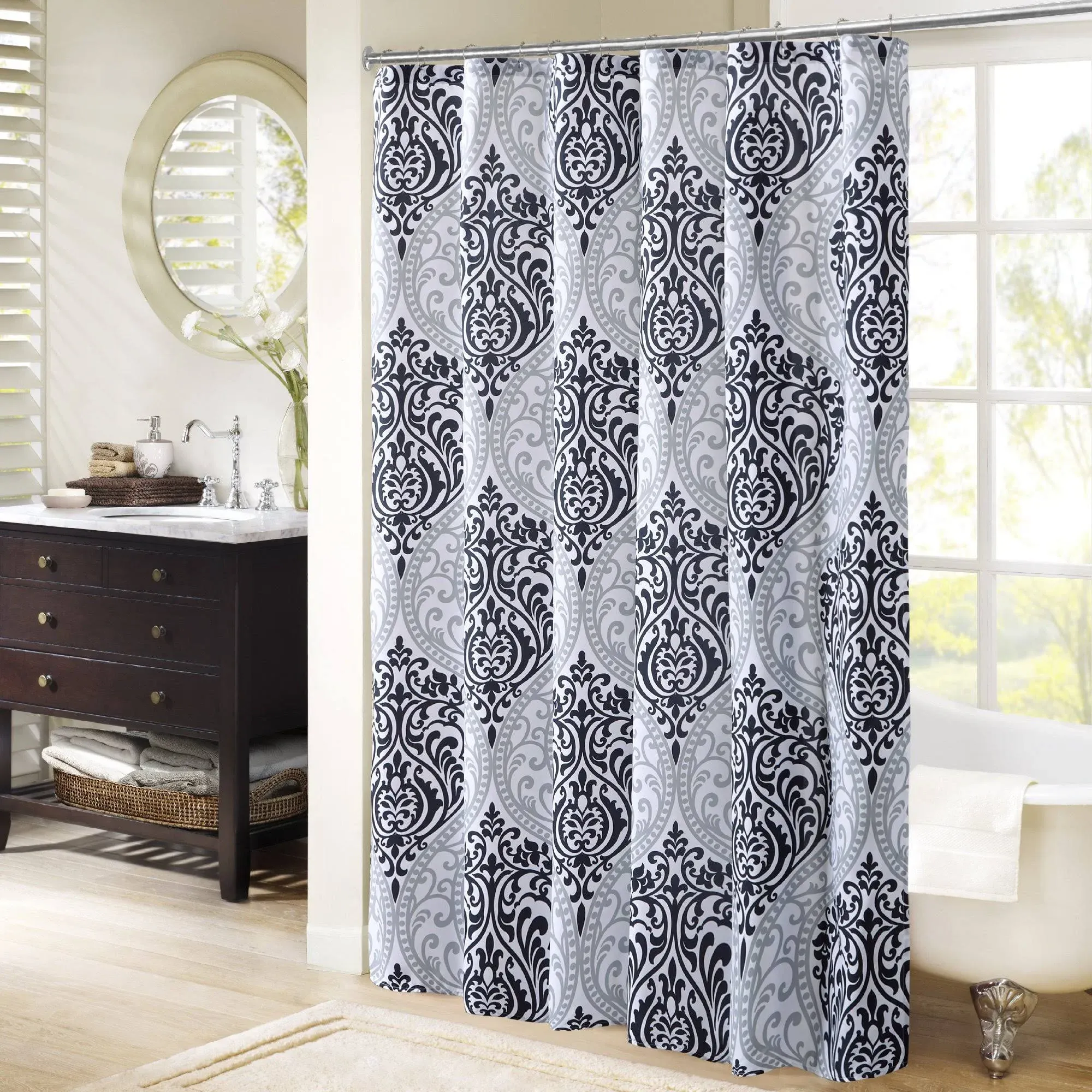 Comfort Spaces Coco Bathroom Shower Curtain Printed Damask Pattern Modern Cute Microfiber Fabric Bath Curtains, 72"x72", Black (CS70-0682)