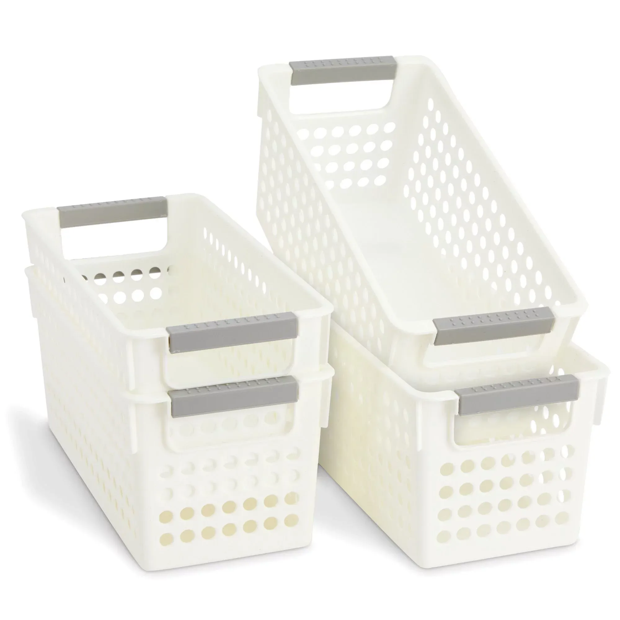 Farmlyn Creek 4 Pack White Plastic Baskets with Gray Handles, Narrow Storage Bins for Organizing, Kitchen and Bathroom Shelves, Small Nesting