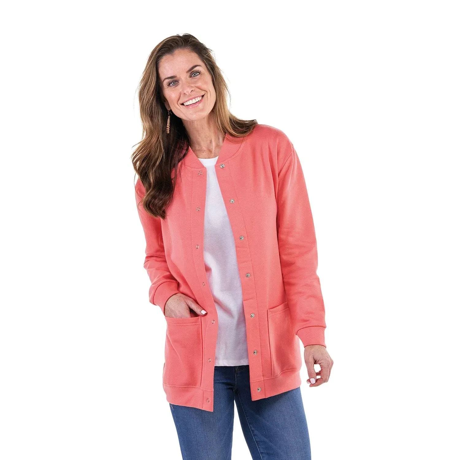 Catalog Classics Snap-Front Fleece Cardigan - Coral - 2x