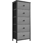 REAHOME Vertical Narrow Metal Tower Dresser w/ 5 Fabric Drawer Bins, Light Grey