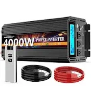 4000 Watt Pure Sine Wave Power Inverter 24V DC to 110V 120V Converter for Family RV Off Grid Solar System Car with Type-C Ports 4 AC Power Outlets Dual USB Ports LCD Display and Remote Control