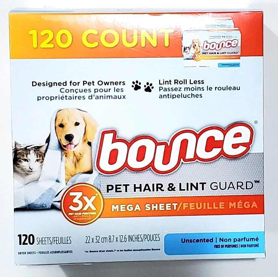 Bounce Pet Hair and Lint Guard Mega Dryer Sheets with 3X Pet Hair Fighters, Unscented, 120 Count