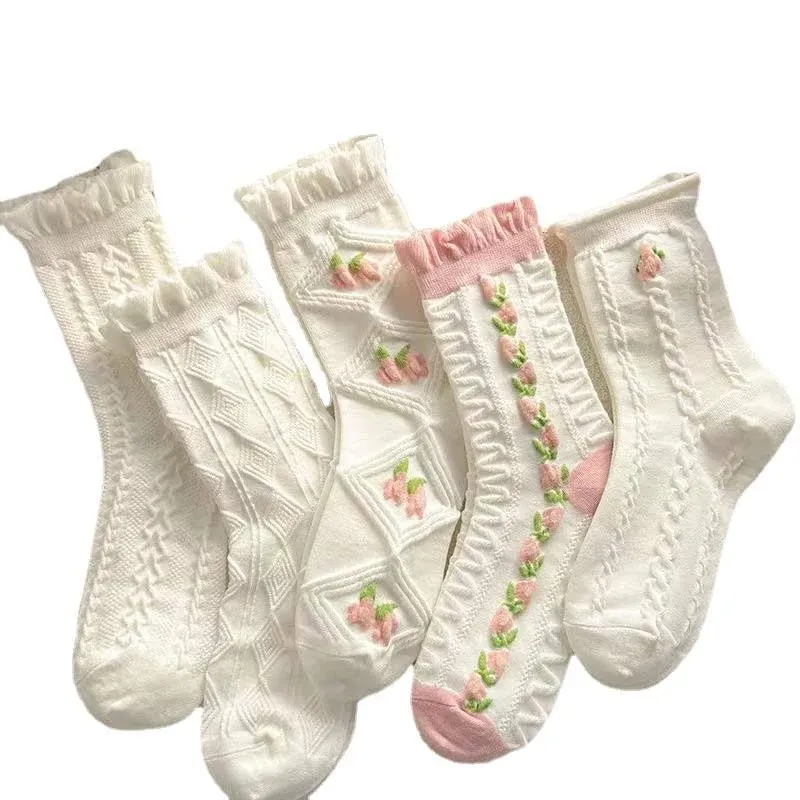 5 Pairs White Cute Socks, Women's Lace Ruffles Ankle Casual Sock, Cottagecore ...