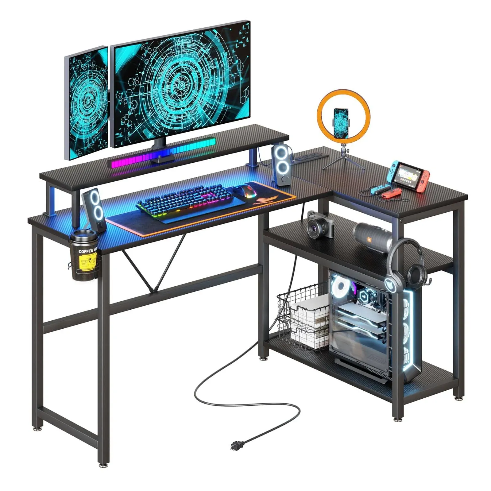 L Shaped Gaming Desk with Power Outlets & LED Strip Lights,Computer Desk with Large Monitor Stand,Corner Desk with Storage Shelf,Headphone Hook&Cup Holder for Home Office