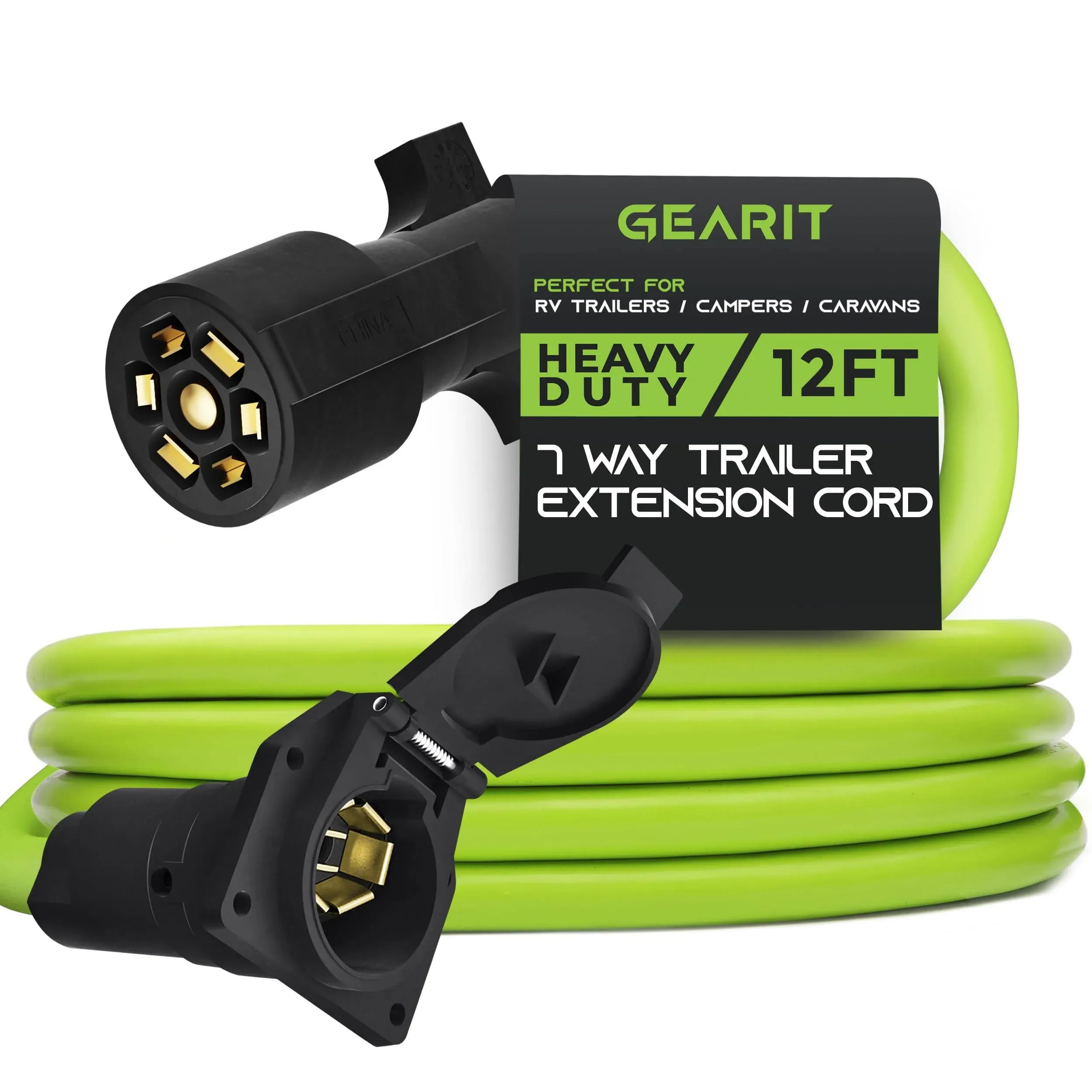 GEARit 7-Way Trailer Extension Cord (12 Feet) 7-Pin Trailer Plug Inline Cord Wire Harness Cable Double Prongs Connector for Gooseneck Hitch, Truck, Camper, RV - 12ft