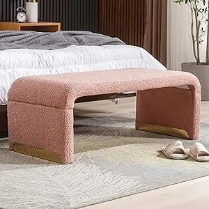 NIOIIKIT 43.3'' Ottoman Bench with Boucle Fabric, Faux Fur End of Bed Bench with Golden Metal Legs, Upholstered Entryway Bench for Living Room, Bedroom, Entryway (Pink)