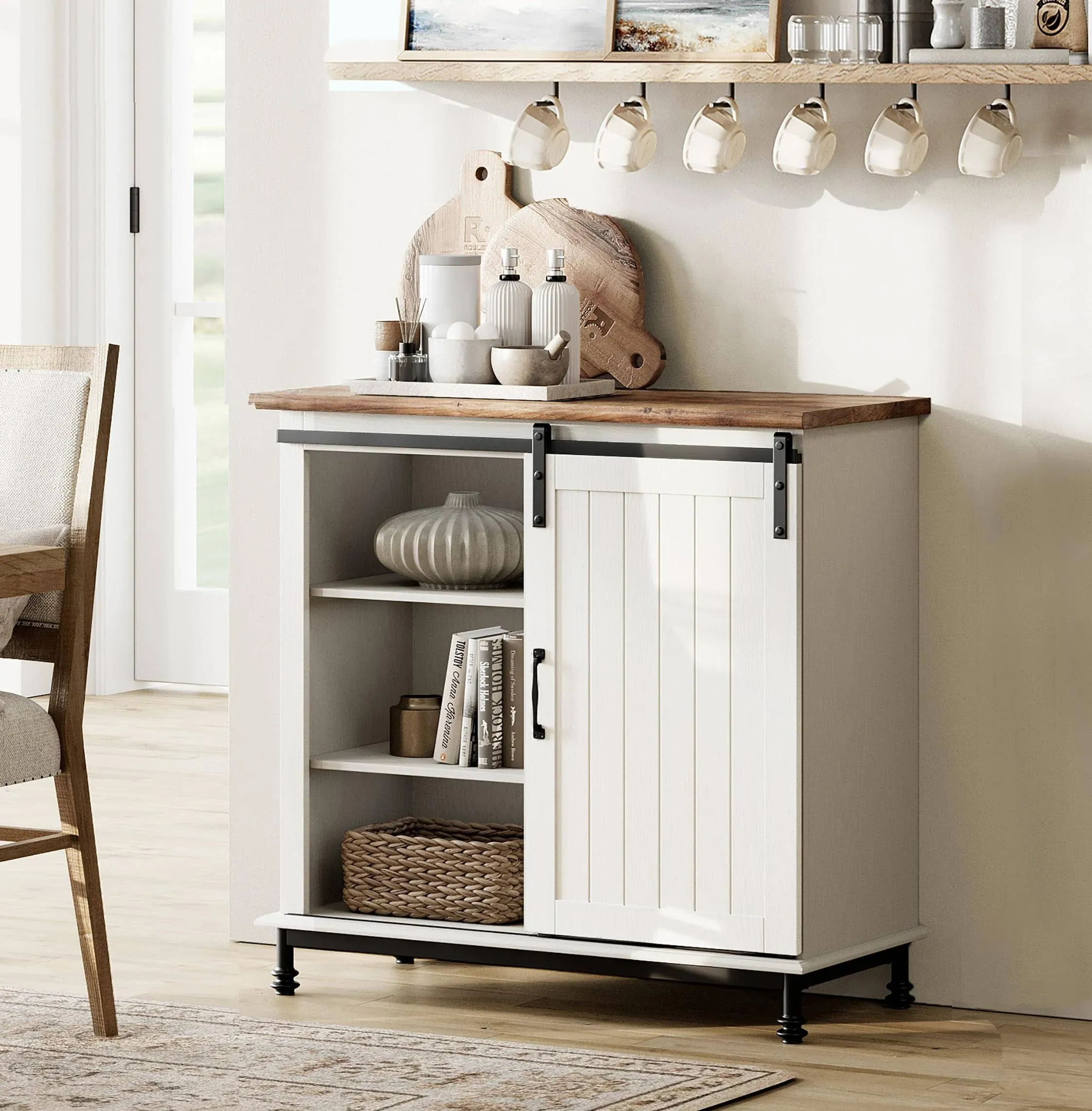 WAMPAT Farmhouse Buffet Sideboard Cabinet with Sliding Barn Door, Wood Coffee Bar Table with Adjustable Shelf & Metal Leg, Accent Console Table