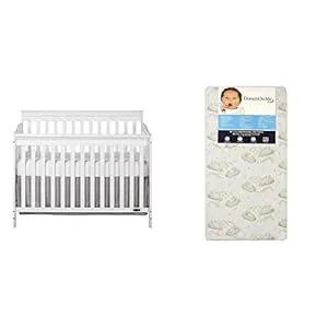 Ashton 5 in 1 Convertible Crib with Dream On Me Spring Crib and Toddler Bed Mattress, Twilight