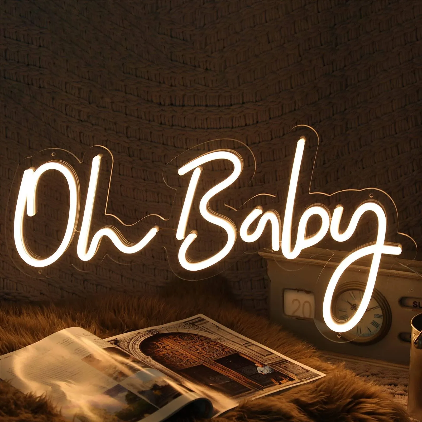 ATOLS Oh Baby Large Neon Sign for Wall Decor, with Dimmer Switch, 12V Reusable Neon Light Sign for Baby Shower Decorations, Birthday Party, Wedding Decor, Warm White,Size 23.5X11.8 inches