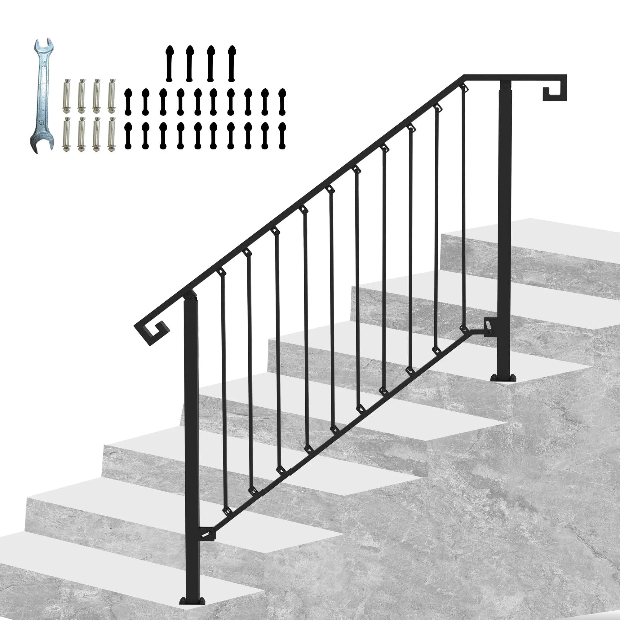 Handrails for Outdoor Steps, Outdoor Stair Railing Fits 2 Steps, Wrought Iron Handrail with Installation Kit, Sturdy Outdoor Handrails for Garden, Yard or Porch