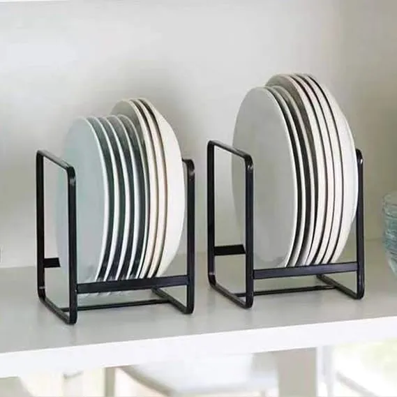 MINGFANITY 2pcs Plate Holders Organizer , Metal Dish Storage Dying Display Rack for Cabinet, Counter and Cupboard - Black, Small