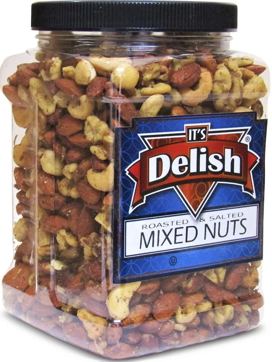 Deluxe Roasted Salted Mixed Nuts in Sea Salt by Its Delish – Bulk 2 lbs Jumbo Reusable Container Jar - Premium Roasted Nut Mix Without Peanuts – Delicious Snacking Nuts – Great Parties Snacks, Keto, Vegan, Kosher