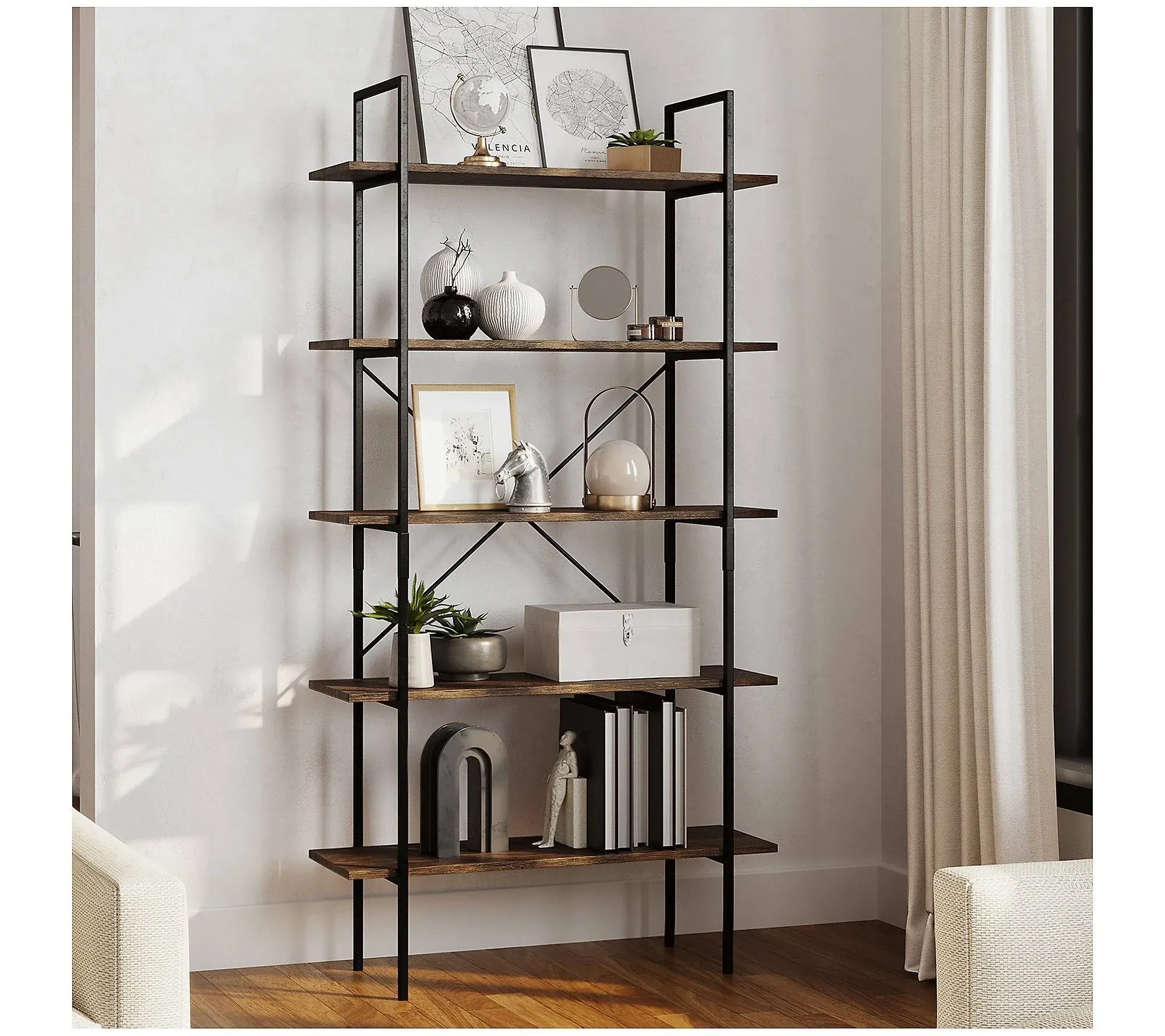 Lavish Home 5-Tier Bookshelf Open Industrial Style Bookcase