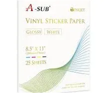 A-SUB 25 Sheets Vinyl Sticker Paper for Inkjet Printer - Glossy Printable Vinyl 8.5x11 Inch Waterproof Sticker Paper for DIY Any Decal You Like