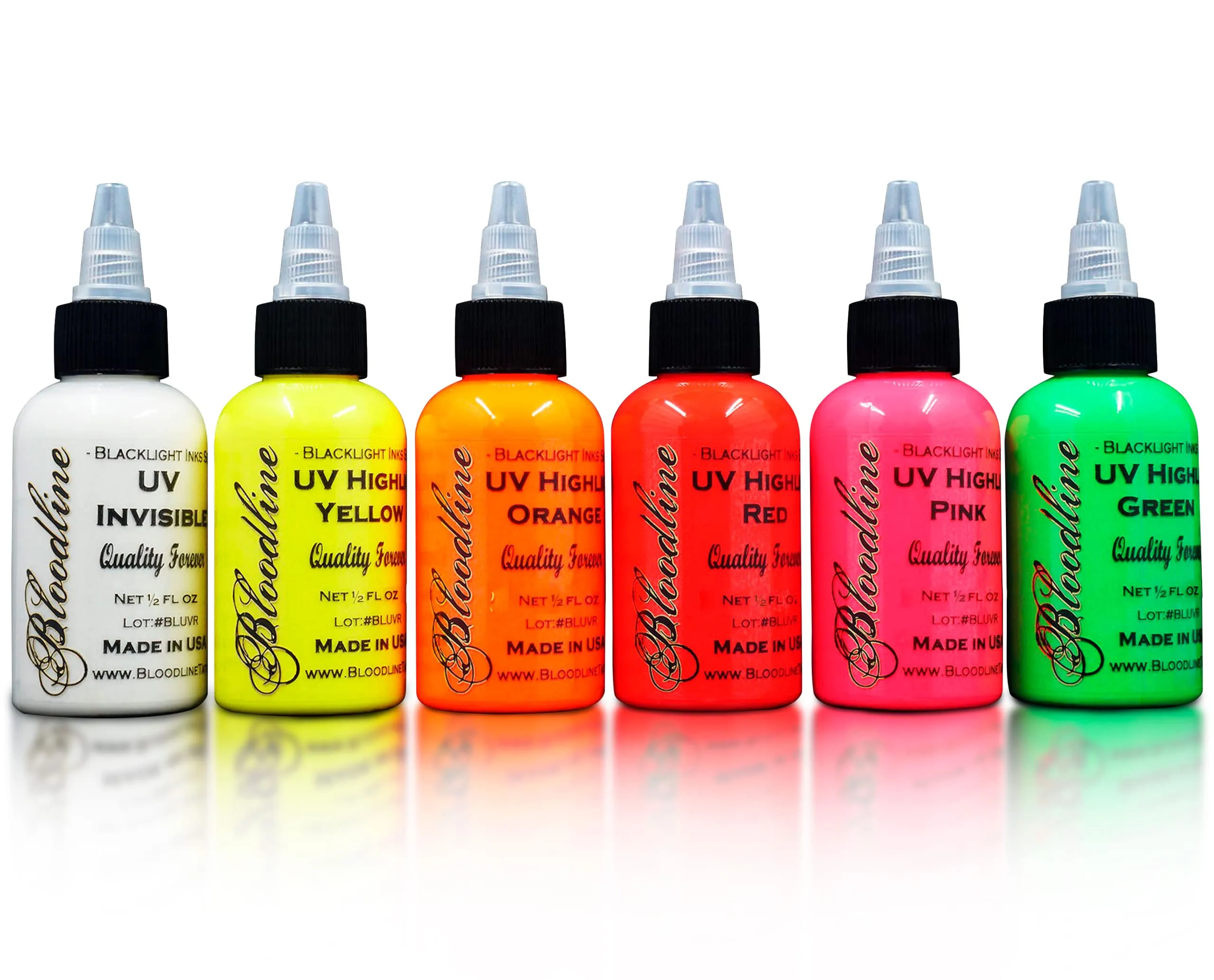 Bloodline Ink Professional Schwarzlicht UV 6 Farben Set – 1/56.7 g (15 ml) – Highlight-Serie Hergestellt in den USA Sechs helle fluoreszierende Tinten für Ihre lebendigen Ideen