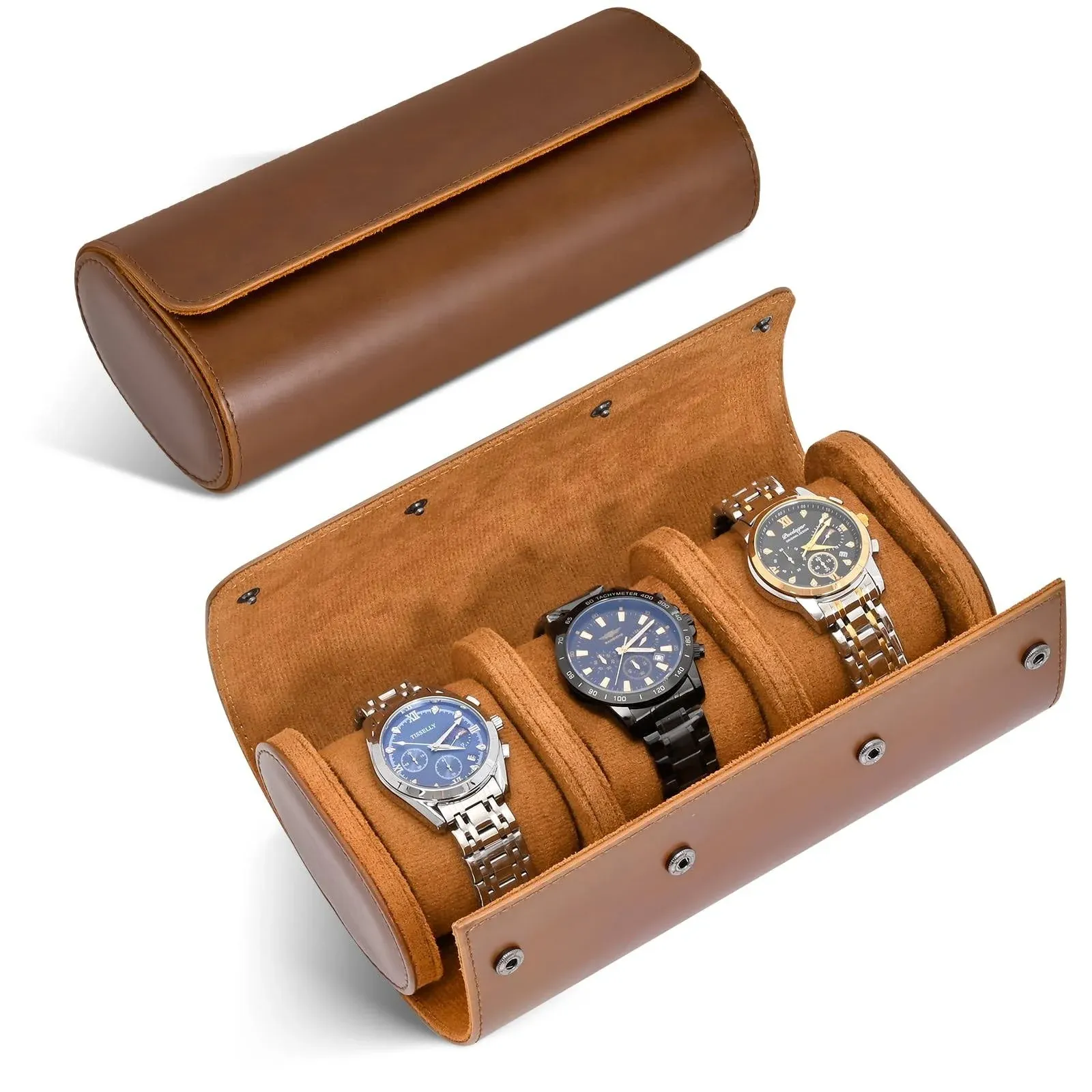 ROSELLE Watch Roll Travel Case for Men and Women- 3 Storage Brown 