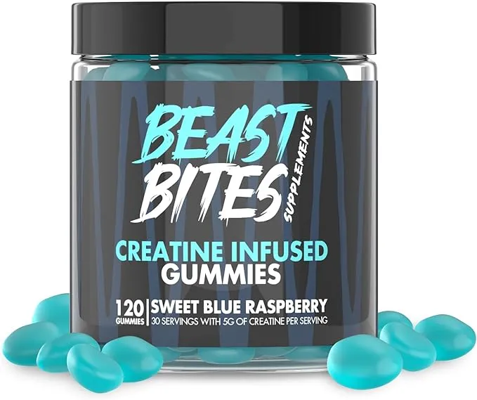 Creatine Bites - 5g Creatine Monohydrate Per Serving - No Sugar or Artificial Colors - Low-Calorie, Vegan & Halal - Made in The USA - Blue Raspberry Flavor - 30 Gummies