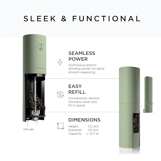 LARS NYSØM Electric Salt and Pepper Grinder Set I Automatic Salt and Pepper Mills with Adjustable Ceramic Grinder I USB Rechargeable Electric Spice Grinder Set (Sage Green)