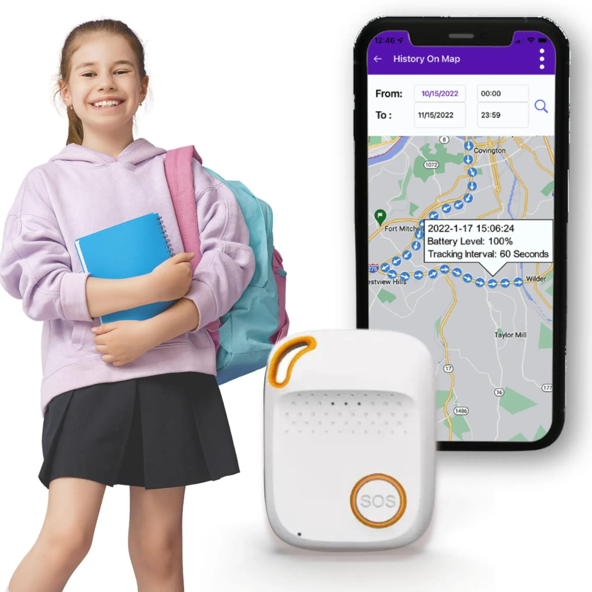 Seculife Kids GPS Tracker Real-time for Kids, SOS Button & 2-Way Auto-answer Speakerphone – Easy to Use App & Monitoring GPS Tracker for Kids – Adults