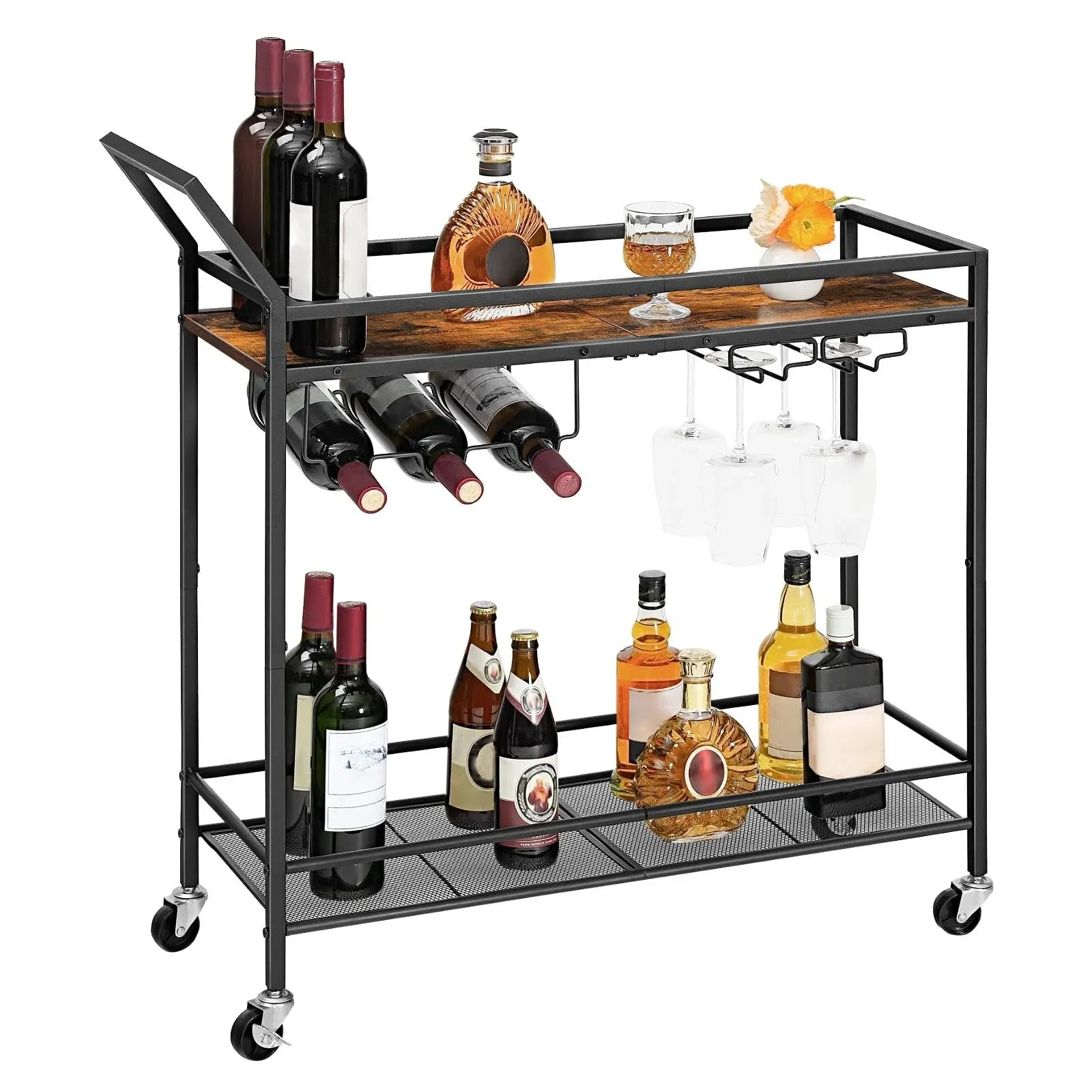 HOOBRO Bar Cart for The Home, 2-Tier Kitchen Cart with Wine Rack and Glass Holder ...