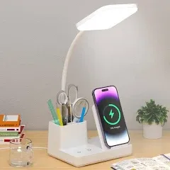 Desk Lamp, Desk Lamps for Home Office with USB Port Pen Holder Wireless Charger 360 Gooseneck 3 Color Modes Dimmable Touch Square 800 Lumens CRI 85, Desk Light for College Dorm Room, White