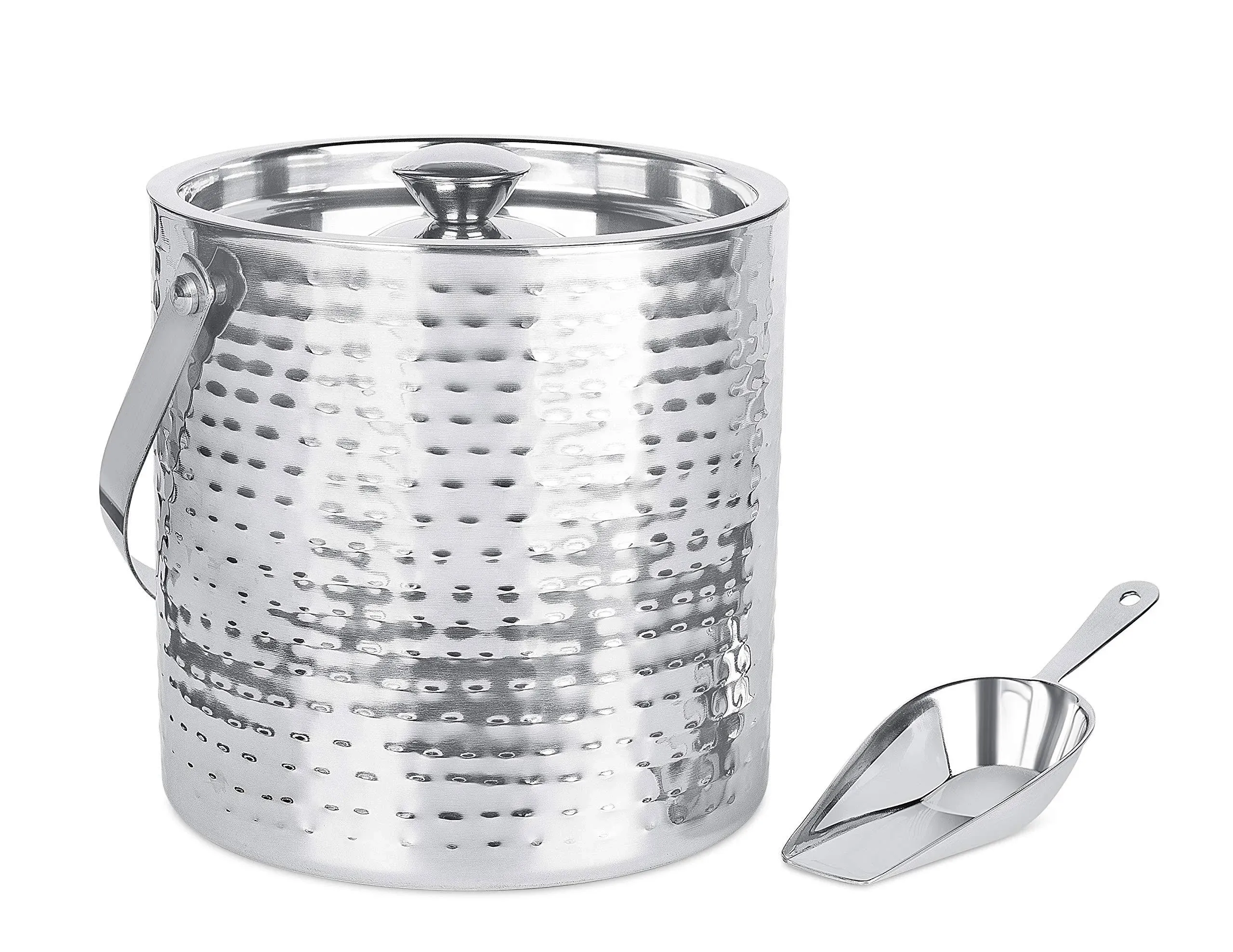 Ice Bucket with Scoop &amp; Lid - 2.8 Liter Hammered 18/8 Stainless Steel Container