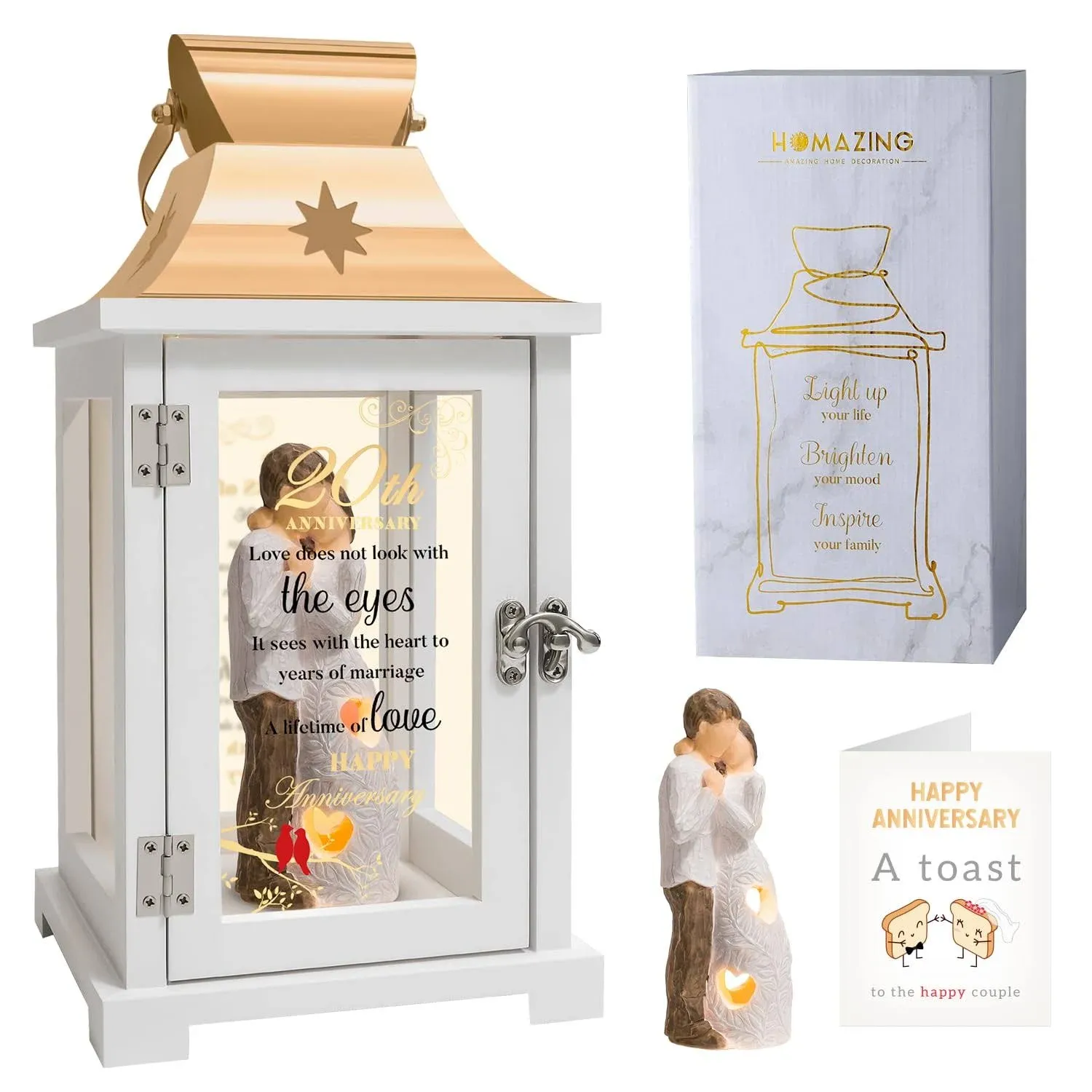 20th Wedding Anniversary Husband and Wife Figurine Lantern, Best 20th Anniversary Wedding Gifts for Couple Parents Wife Husband Golden 20 Years of Marriage for Him Her