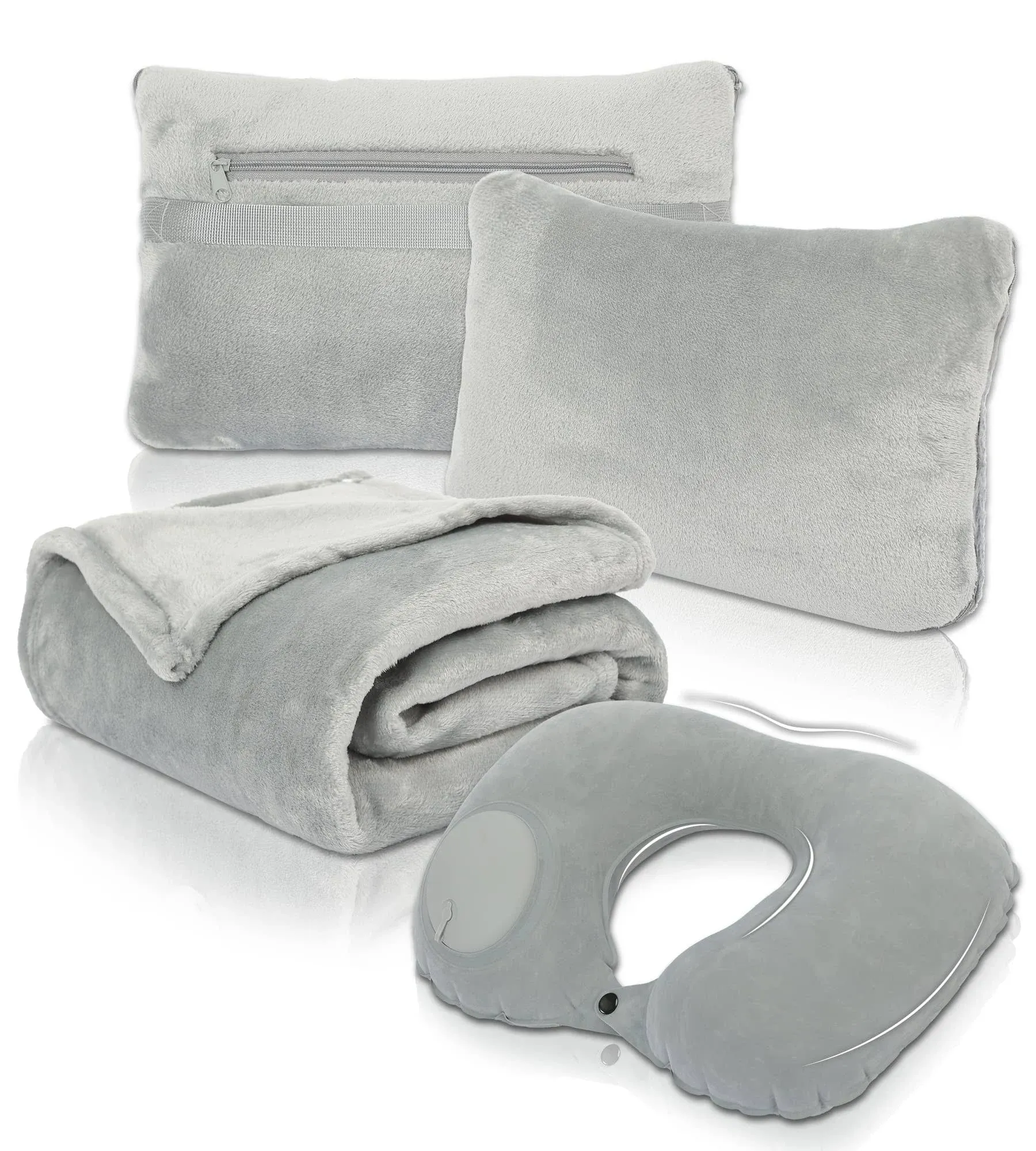 Travel Blanket and Pillow Set - Portable Inflatable Travel Neck Pillow and Premium Soft Airplane Blanket with Built-in Soft Bag, Neck Snaps, Zippered Pouch, and Hand Luggage Strap,70" x 40" (Grey)