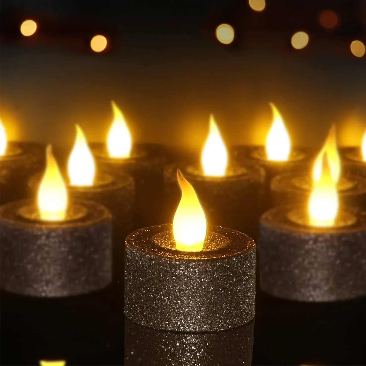 Furora LIGHTING Black Glitter LED Tealight Candles Pack of 12, Flameless Flicker