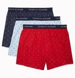 TOMMY HILFIGER Men&#039;s Medium 3 Woven Boxer Underwear 100% Cotton Slim Red Blue