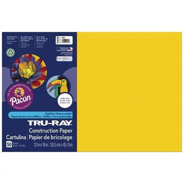 Tru-Ray Construction Paper, 76lb, 12 x 18, Yellow, 50-Pack