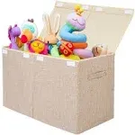 Large Toy Storage Box with Lid, Sturdy Toys Storage Chest Bin Organizer Basket with Dividers for Kids, Boys, Girls, Nursery, Closet, Bedroom, Playroom 25"x13" x16" (Beige and White)