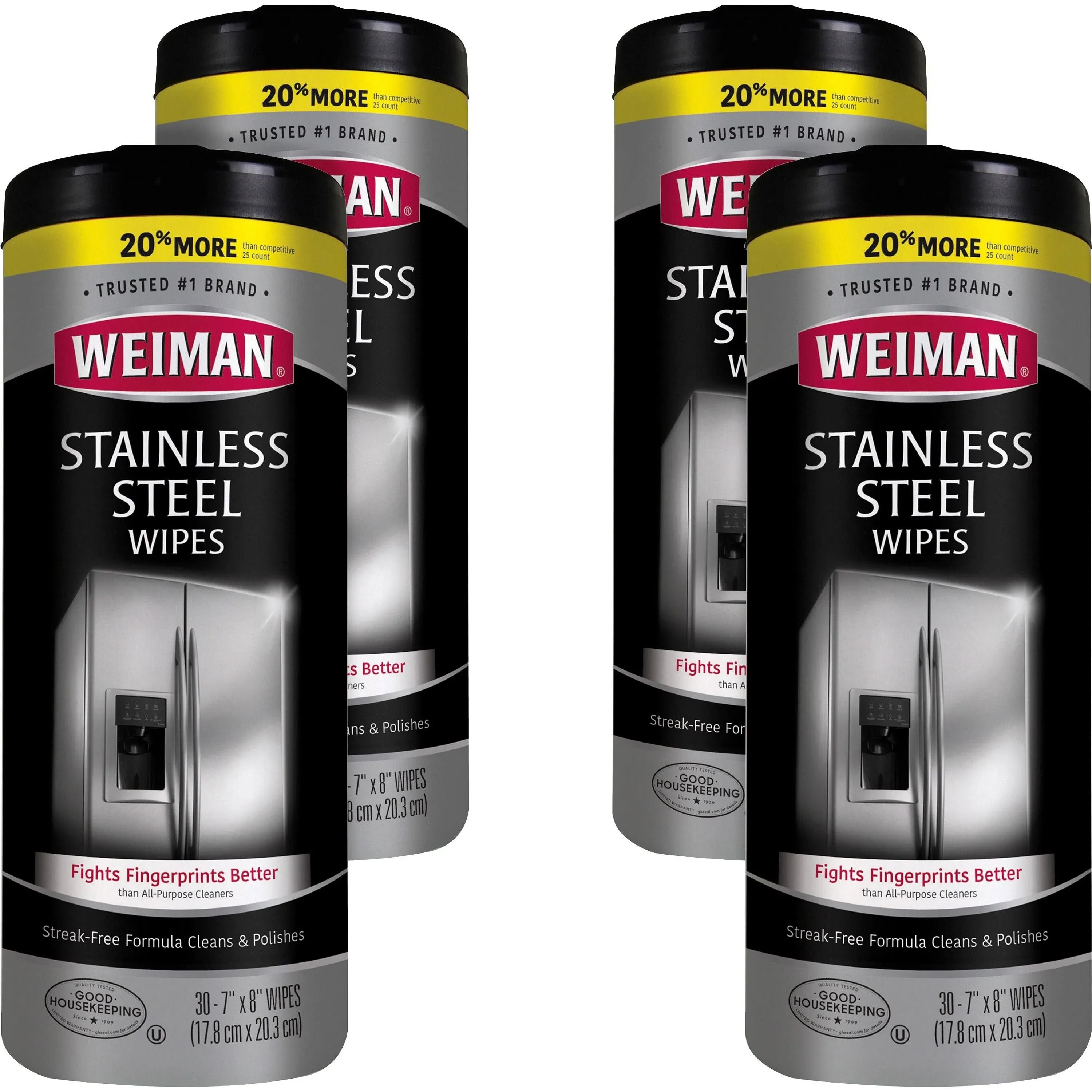 Weiman Stainless Steel Wipes - 30 / Canister - 4 / Carton - White