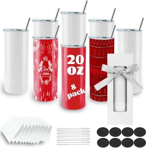 8 Pack Straight Sublimation Tumblers bulk 20 oz Skinny,Stainless Steel Double Wall Insulated Tumbler Cups Blank White with Lid, Straw, Individually Boxed,Polymer Coating for Heat Transfer