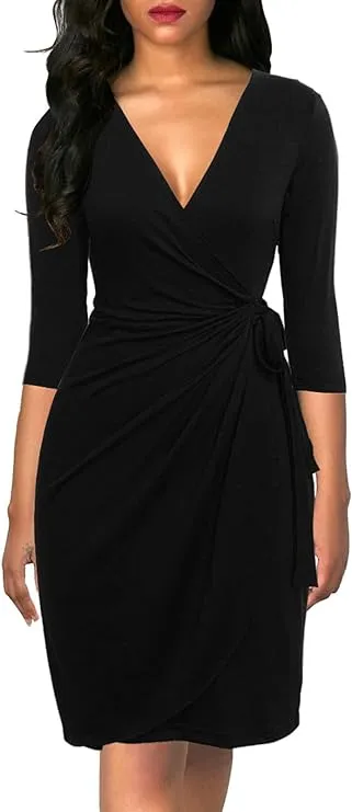 Berydress 3/4 Sleeve V Neck Sheath Casual Party Work Faux Black Wrap Dress