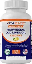 Vitamatic Norwegian Cod Liver Oil Capsules 1250mg 120 Softgels (Lemon Flavor) - Promotes Cardiovascular Health