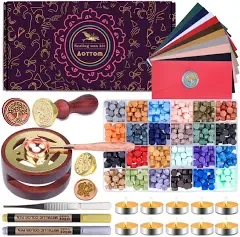 Wax Seal Stamp Kit with Gift Box Aottom Wax Letter Seal Kit with 24 Colors 650 Pcs Wax Seal Beads Sealing Wax Warmer Envelopes Candles Wax Stamp