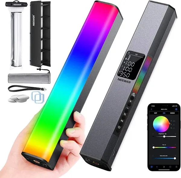 Neewer RGB1 Magnetic Handheld LED Light Stick Silver, 9.8" Wands, Base Models, Bi Color RGB, DC/Battery Power, 1, Internal, App Compatible, Weight