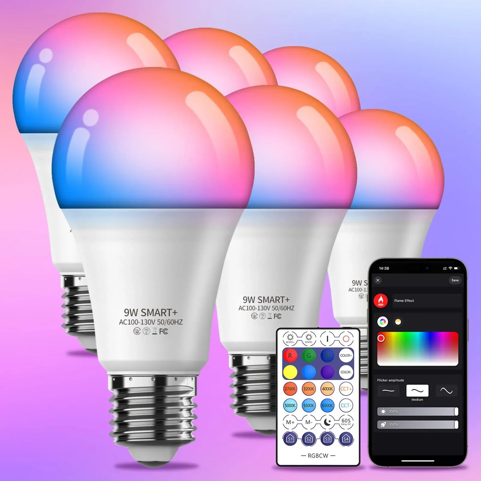 Smart Light Bulbs 2Pack, Color Changing Light Bulb Works w/Alexa Google Home, 9W A19 E26 800LM RGBTW Colored LED Bulbs, 50+ DIY Scenes, Music Sync, App & Voice Control WiFi Light Bulbs