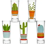 Set of 4 Party Shot Glasses, Cactus Print for Holiday Fiesta Themed Drink 2 Oz