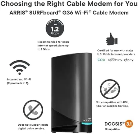 ARRIS SURFboard G36 DOCSIS 3.1 Multi-Gigabit Cable Modem & AX3000 Wi-Fi