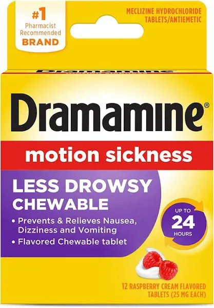 Dramamine Chewable Less Drowsy, Motion Sickness Relief, Raspberry Cream Flavor, 12 Count, 2 Pack