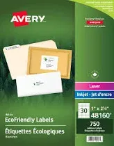 Avery White EcoFriendly Address Labels 1x2.625 Box of 750 (48160)