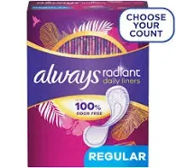 Always Radiant Daily Liners Regular Absorbency Unscented, Up to 100% Odor-free, 96 Count