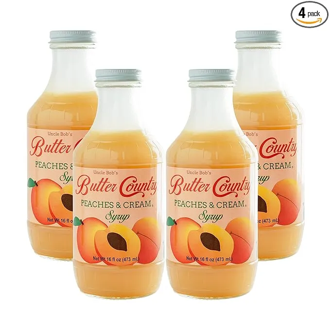 Butter Country Rich and Creamy Buttermilk Syrup | Peaches and Cream Flavor | Fruity Breakfast Topping for Pancakes & Desserts | 16 fl oz/4 Pack