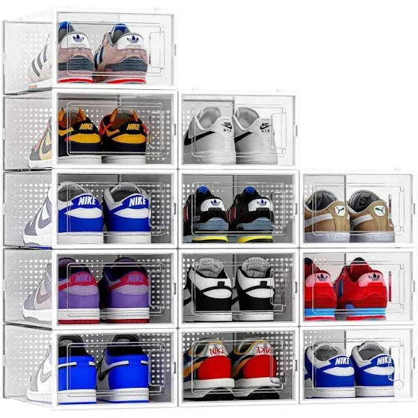 Seseno 12 Pack Shoe Organizer Storage Bins, Clear Plastic Stackable Shoe Boxes for Closet, Space Saving Foldable Shoe Storage Bins, Sneaker Storage