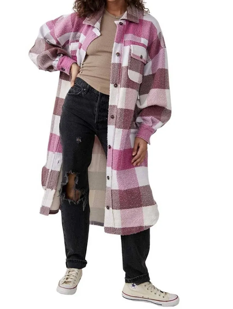 Free People Plaid Long Ruby Coat - Women's Wine Combo, M