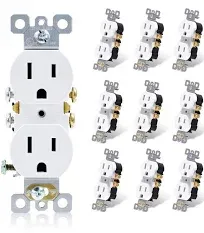 ELEGRP 15 Amp 125V Residential Grade Self Grounding Duplex Outlet, White (10-Pack)